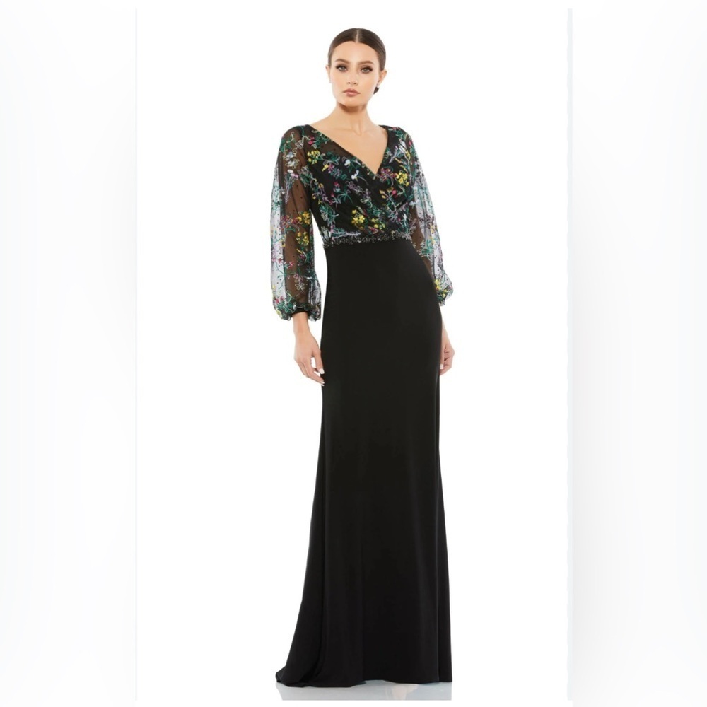 Bishop Sleeve V-neckline Wrap Over Torso Column Dress by Mac Duggal NWT